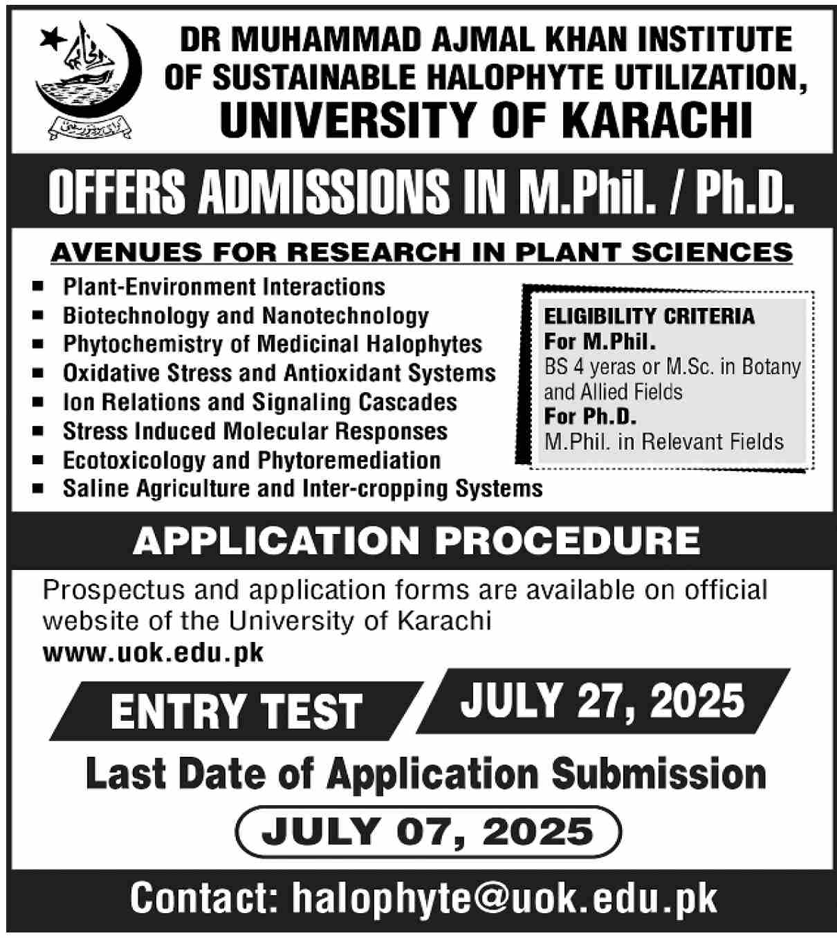 Admission Open in Dr Muhammad Khan Institute of Sustainable Halophyte Utilization Karachi